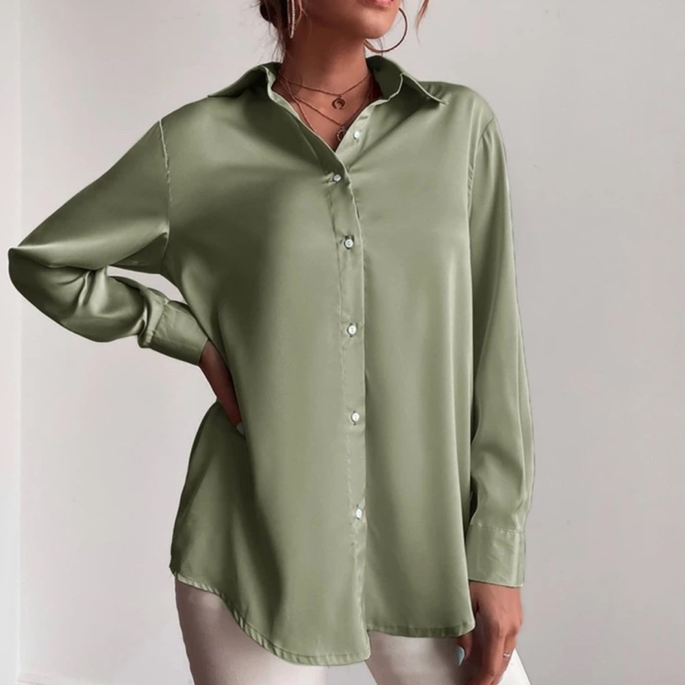 Satin silky button up collared shirt dusty pink - Picture 8 of 12